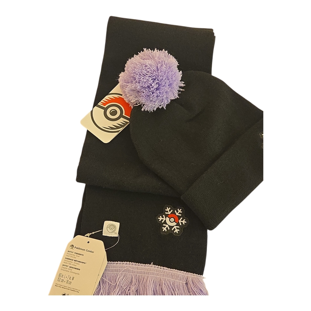 NWT Ditto Presents Knit Scarf & Pokémon Black Cuffed Beanie Set (One Size-Adult)